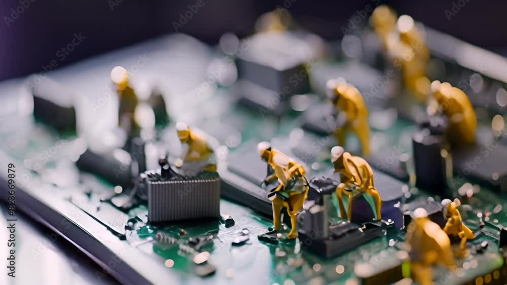 Poster close up of computer motherboard with figurines generative ai