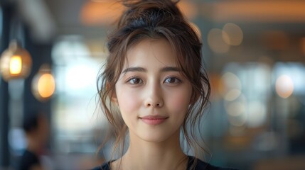 Obraz premium Korean beauty secretary with a neat bun, analyzing customer feedback