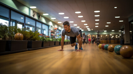 Man exercising with concentration, doing a one-armed push-up in a contemporary gym setting