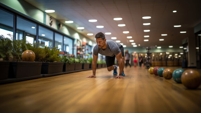 Man exercising with concentration, doing a one-armed push-up in a contemporary gym setting - Powered by Adobe