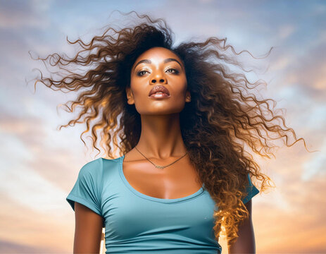 Fotografia de meio corpo de mulher negra, bonita, cabelos esvoa&ccedil;antes, e c&eacute;u claro ao fundo.