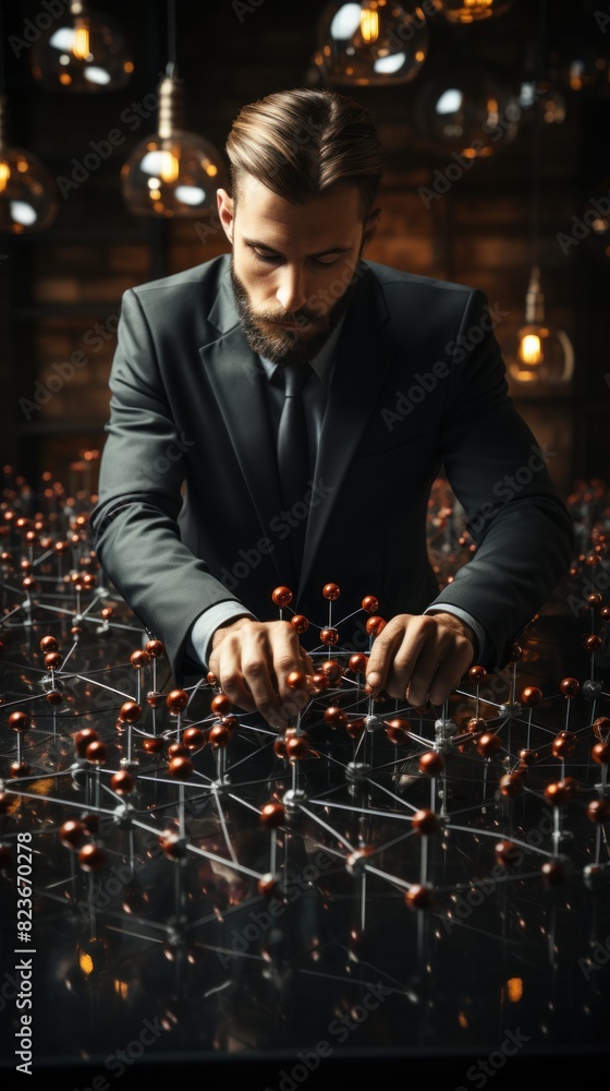 Poster a businessman in a suit manipulating connections between abstract network nodes in a dark room