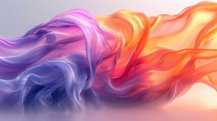 An artistic 3D rendering of soft fabric-like waves in a gradient of purple to orange, suggesting luxury and elegance