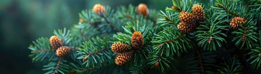 Close-up of evergreen pine tree branches with pine cones, showcasing natural beauty and lush greenery in a forest setting.