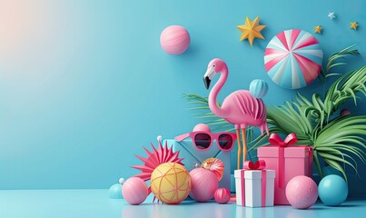 Colorful summer-themed decor with flamingo, sunglasses, and presents against a bright blue background, evoking fun and joy.