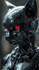 Fearsome Cyborg Cat Warrior:Sleek Black and Chrome Mechanical Predator Poised for Battle