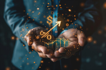 Businessman holds up an arrow icon and percentage with graph indicators for investment growth.