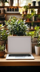 A cozy home office setup featuring a laptop with a blank screen surrounded by lush indoor plants symbolizing productivity and green living