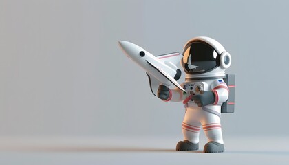 A 3D cartoon astronaut in a playful pose holding a sma