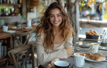 Beautiful woman with long curly brown hair laughs and eats lunch at an outdoor cafe table
