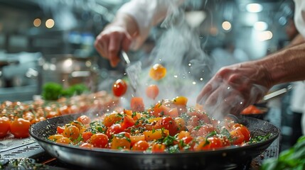 A chef tosses cherry tomatoes in a pan with steam and herbs at a restaurant's kitchen