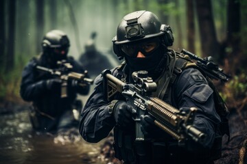 A group of men in military gear, likely elite commandos, are seen walking through a dense forest. They appear focused and determined, possibly conducting a rapid extraction mission