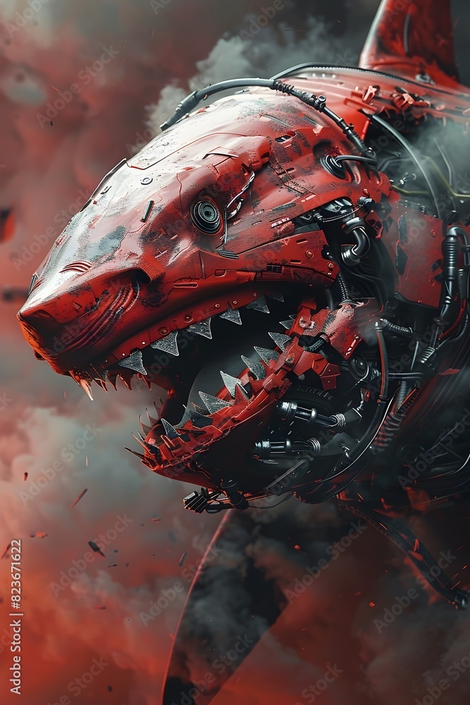 Wall mural Fearsome Cyborg Shark Warrior Emerging from Crimson-Tinged Smoky Haze in Cinematic 3D Rendering