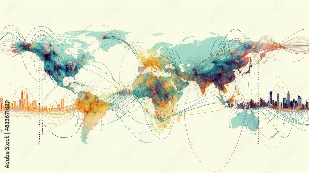 Poster artistic world map showing interconnected lines and vibrant splashes of color across continents, hig