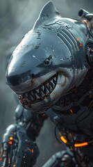 Fototapeta premium Fearsome Cyborg Shark Warrior Exuding Raw Power in Dramatic Smoke-Filled Backdrop