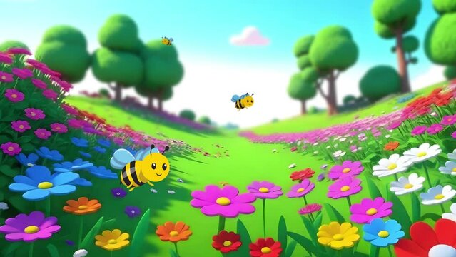 Cartoon Bees Flying Around The Garden
