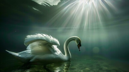 A swan glides gracefully through the water, its wings outstretched and its feathers shimmering in the sunlight.