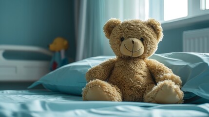 Teddy bear sitting on a hospital bed in a serene ward.