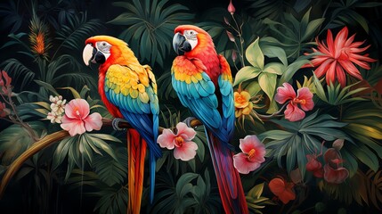 Two colorful macaws perched on a branch in a lush tropical jungle.