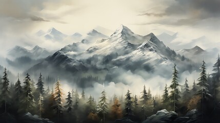 Misty mountain range with snow-capped peaks and a forest of evergreen trees.