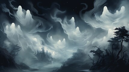 Fototapeta premium Ethereal ghosts float in a misty, dark forest, creating a haunting and mysterious scene.