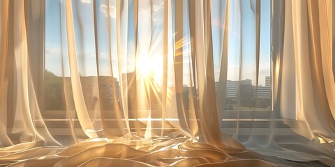 Sheer white curtains gently move in sunlight by a grand city view. Concept Outdoor Photoshoot, Cityscape, Sheer White Curtains, Natural Light, Serene Atmosphere