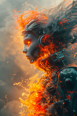 Fierce Cybernetic Monkey Warrior Emerging from Shifting Color Smoke Effect in 3D Render