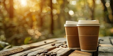 Paper cup lids mockup with nature background for coffee or tea. Concept Mockup design, Paper Cup, Nature Background, Coffee, Tea