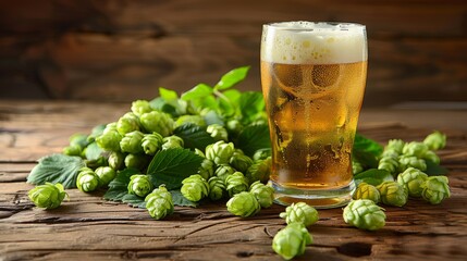 Refreshing glass of beer surrounded by fresh green hops on wooden background