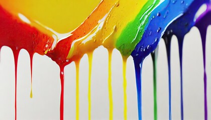 Rainbow colored paint dripping on white background. Banner with colored oil streaks