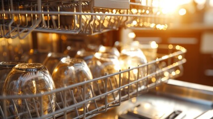 Dishwasher Rack with Clean Glassware in a Modern Kitchen