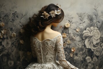 Elegant woman in vintage lace gown against a hand-painted floral backdrop, exuding romance