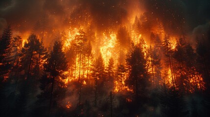 A dramatic image depicting a raging wildfire consuming a forest with bright flames and a dark smoke-filled sky