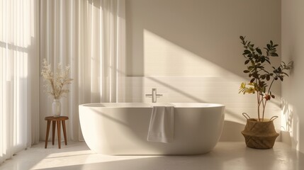 Fototapeta premium A minimalist modern bathroom featuring a freestanding bathtub, large windows, and lush green plants.