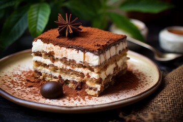 Tempting tiramisu on a palm leaf plate against a rustic textured paper background