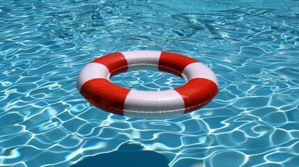 Red and white lifesaver floating in clear blue pool water