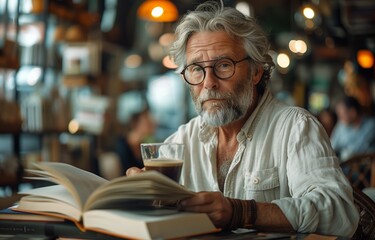 Middle aged man enjoys coffee and reads a book while sitting at a table in a cafe