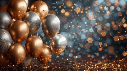 A festive image featuring golden and silver balloons surrounded by confetti and bokeh light effects