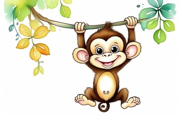 Сartoon character illustration, cheerful, happy monkey hanging on a tree branch with leaves on a white background, animal welfare day, watercolor style