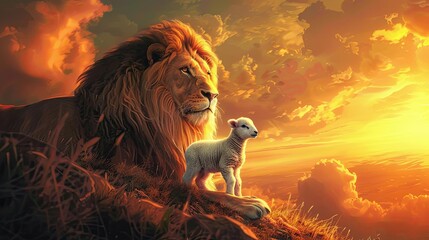 majestic lion and gentle lamb coexisting in vibrant sunset landscape digital painting