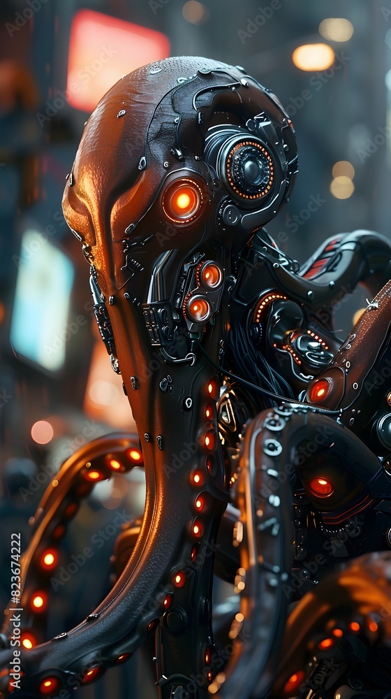 Poster menacing cyborg octopus warrior in dystopian cityscape