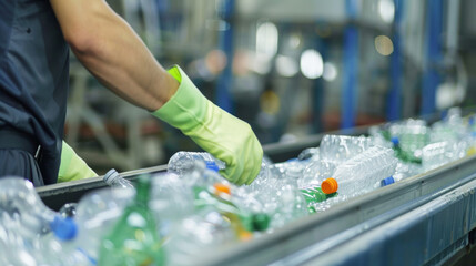 Worker sorting plastic bottles at a recycling facility