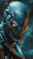 Fototapeta premium Menacing Cyborg Hydra Warrior with Metallic Scales and Glowing Cybernetic Eyes in a Color Smoke Effect