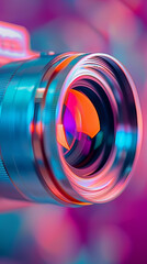 Vibrant camera lens with colorful bokeh background