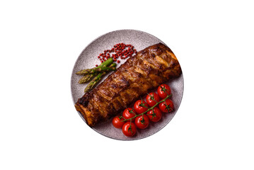 Delicious juicy grilled ribs with honey and mustard sauce