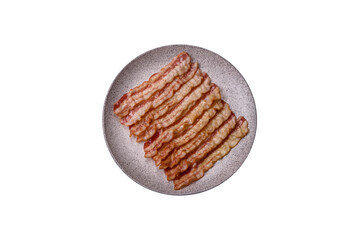 Delicious bacon in the form of slices with salt, spices and herbs