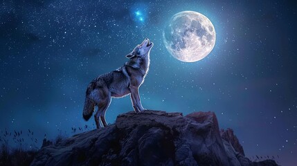 majestic wolf howling at luminous full moon in starry night sky digital art