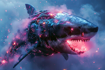 Striking 3D Render of the Cyborg Shark Warrior,A Formidable Amalgamation of Man and Machine with Glowing Circuits and Razor-Sharp Bionic