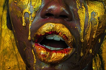 Vibrant golden face paint on dark-skinned adult expressing creativity