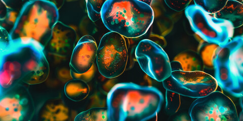 A close up of a bunch of colorful cells